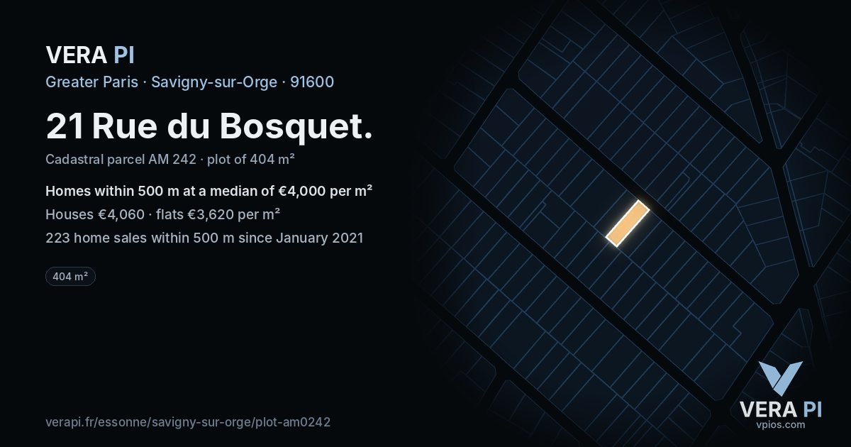 21 Rue du Bosquet, Savigny-sur-Orge at night – the plot lit, the parcels around coloured by the prices near them