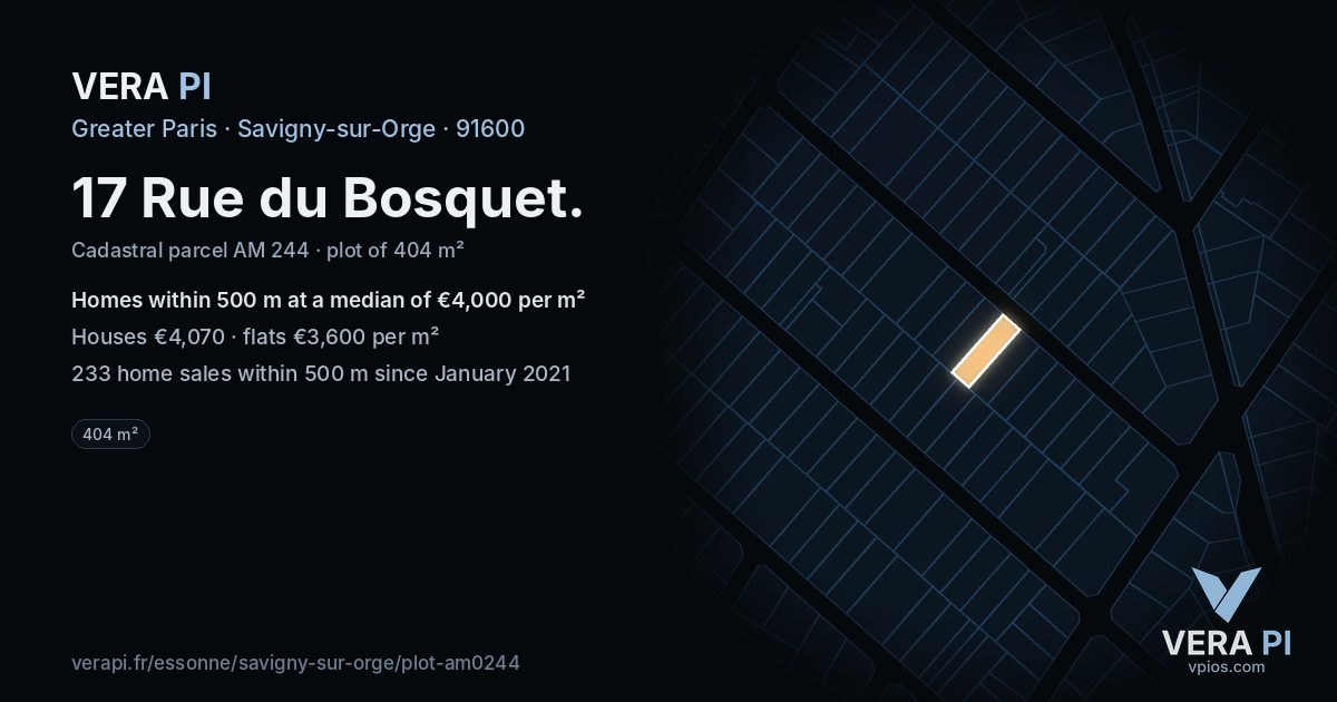 17 Rue du Bosquet, Savigny-sur-Orge at night – the plot lit, the parcels around coloured by the prices near them