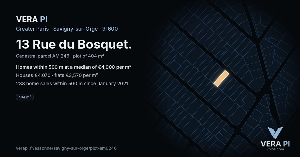 13 Rue du Bosquet, Savigny-sur-Orge at night – the plot lit, the parcels around coloured by the prices near them