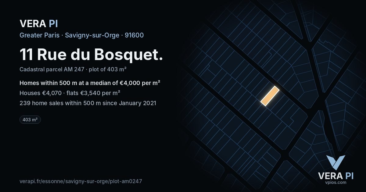 11 Rue du Bosquet, Savigny-sur-Orge at night – the plot lit, the parcels around coloured by the prices near them