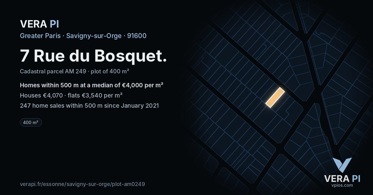 7 Rue du Bosquet, Savigny-sur-Orge at night – the plot lit, the parcels around coloured by the prices near them