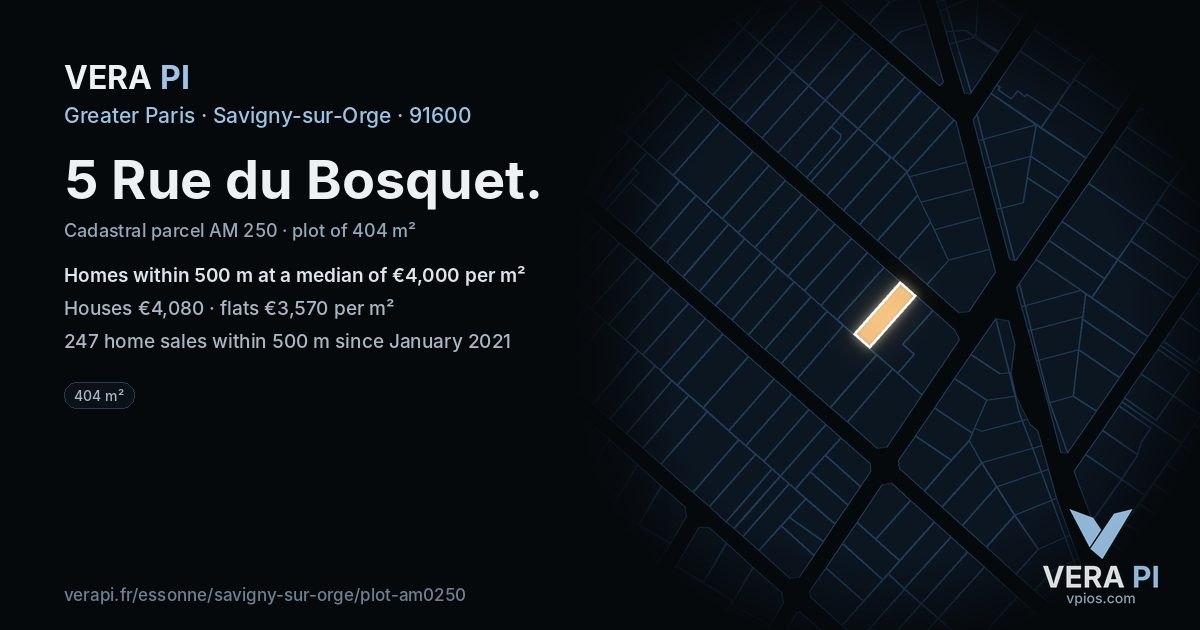 5 Rue du Bosquet, Savigny-sur-Orge at night – the plot lit, the parcels around coloured by the prices near them