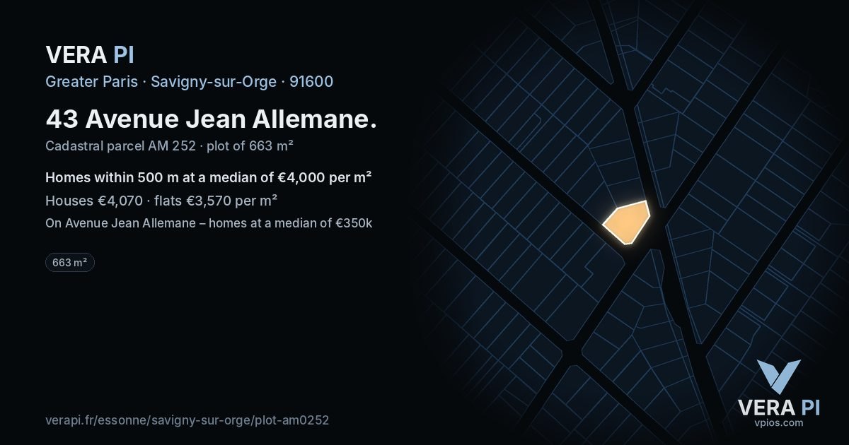 43 Avenue Jean Allemane, Savigny-sur-Orge at night – the plot lit, the parcels around coloured by the prices near them