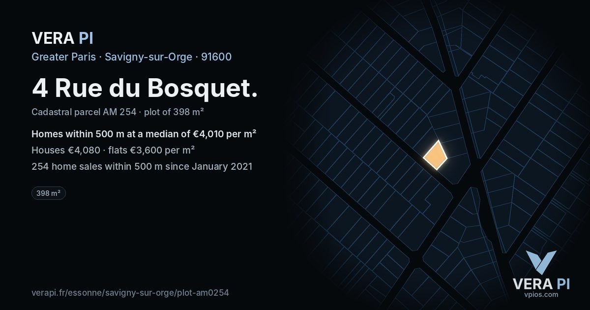 4 Rue du Bosquet, Savigny-sur-Orge at night – the plot lit, the parcels around coloured by the prices near them
