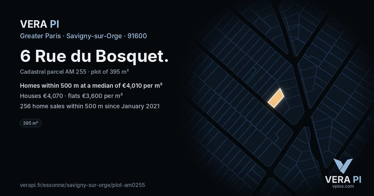 6 Rue du Bosquet, Savigny-sur-Orge at night – the plot lit, the parcels around coloured by the prices near them