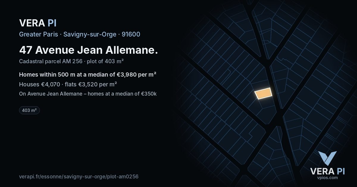 47 Avenue Jean Allemane, Savigny-sur-Orge at night – the plot lit, the parcels around coloured by the prices near them