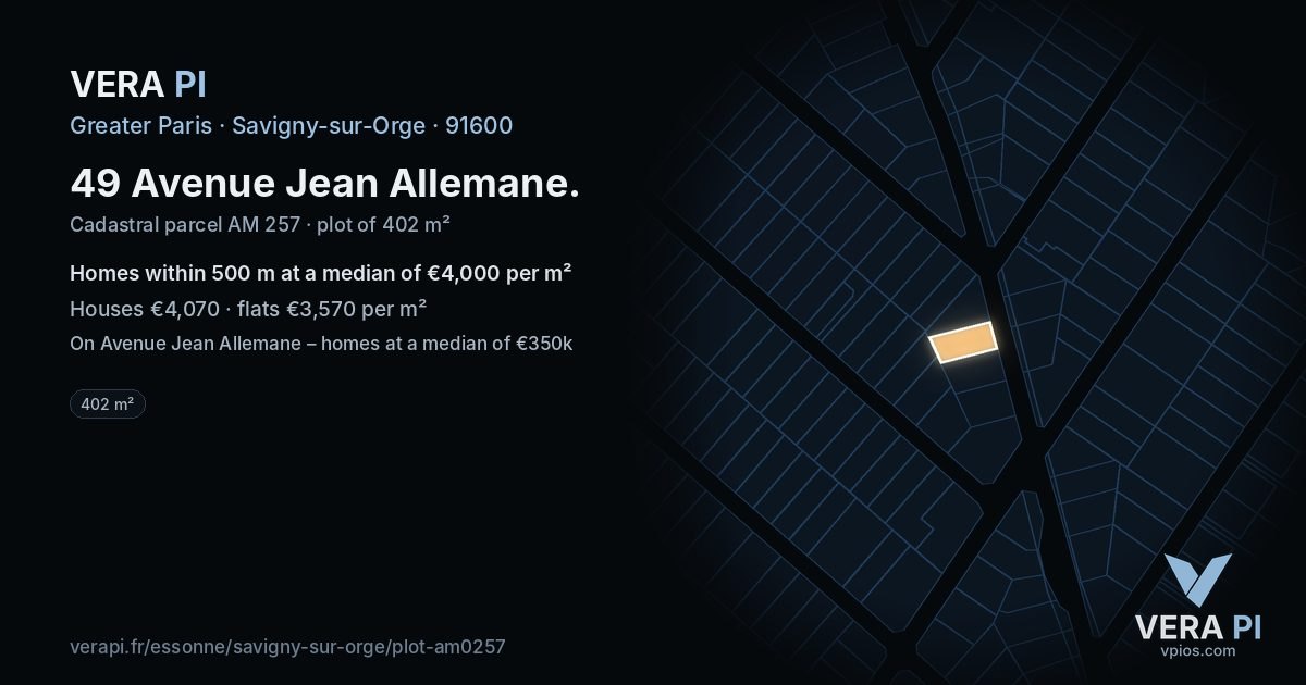 49 Avenue Jean Allemane, Savigny-sur-Orge at night – the plot lit, the parcels around coloured by the prices near them