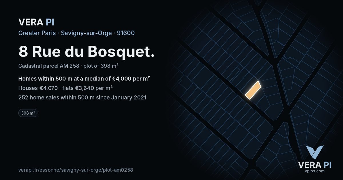 8 Rue du Bosquet, Savigny-sur-Orge at night – the plot lit, the parcels around coloured by the prices near them