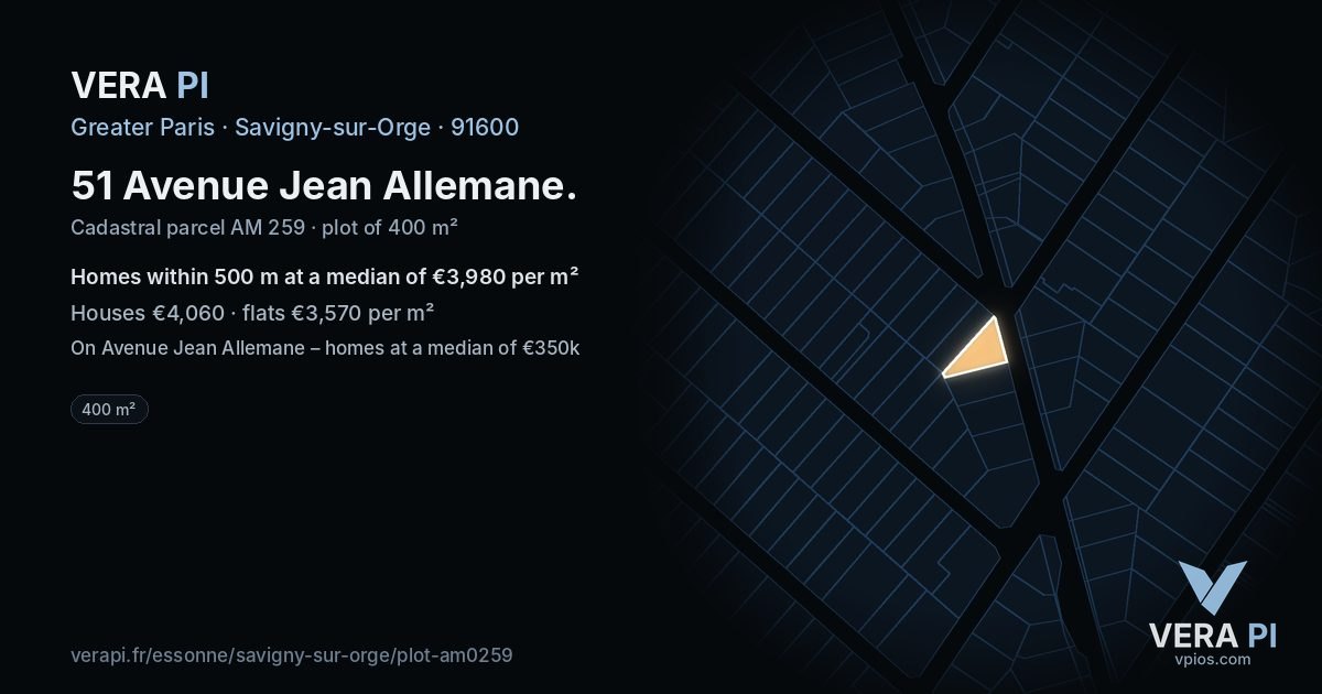 51 Avenue Jean Allemane, Savigny-sur-Orge at night – the plot lit, the parcels around coloured by the prices near them