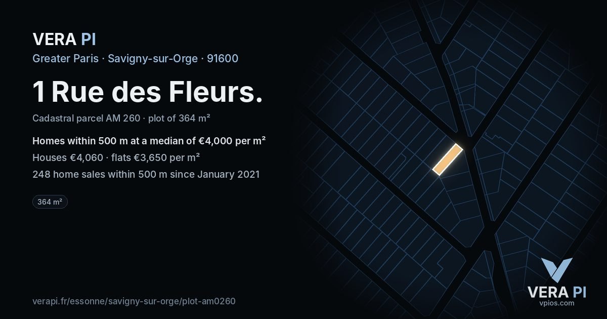 1 Rue des Fleurs, Savigny-sur-Orge at night – the plot lit, the parcels around coloured by the prices near them