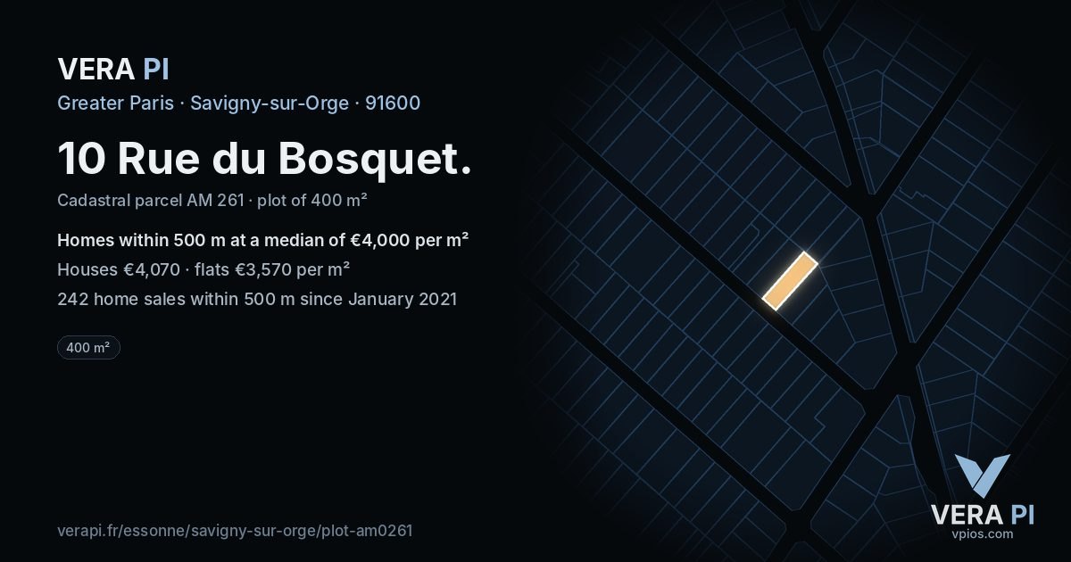 10 Rue du Bosquet, Savigny-sur-Orge at night – the plot lit, the parcels around coloured by the prices near them