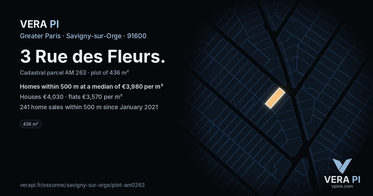 3 Rue des Fleurs, Savigny-sur-Orge at night – the plot lit, the parcels around coloured by the prices near them