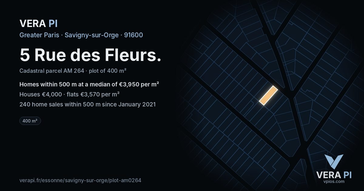 5 Rue des Fleurs, Savigny-sur-Orge at night – the plot lit, the parcels around coloured by the prices near them