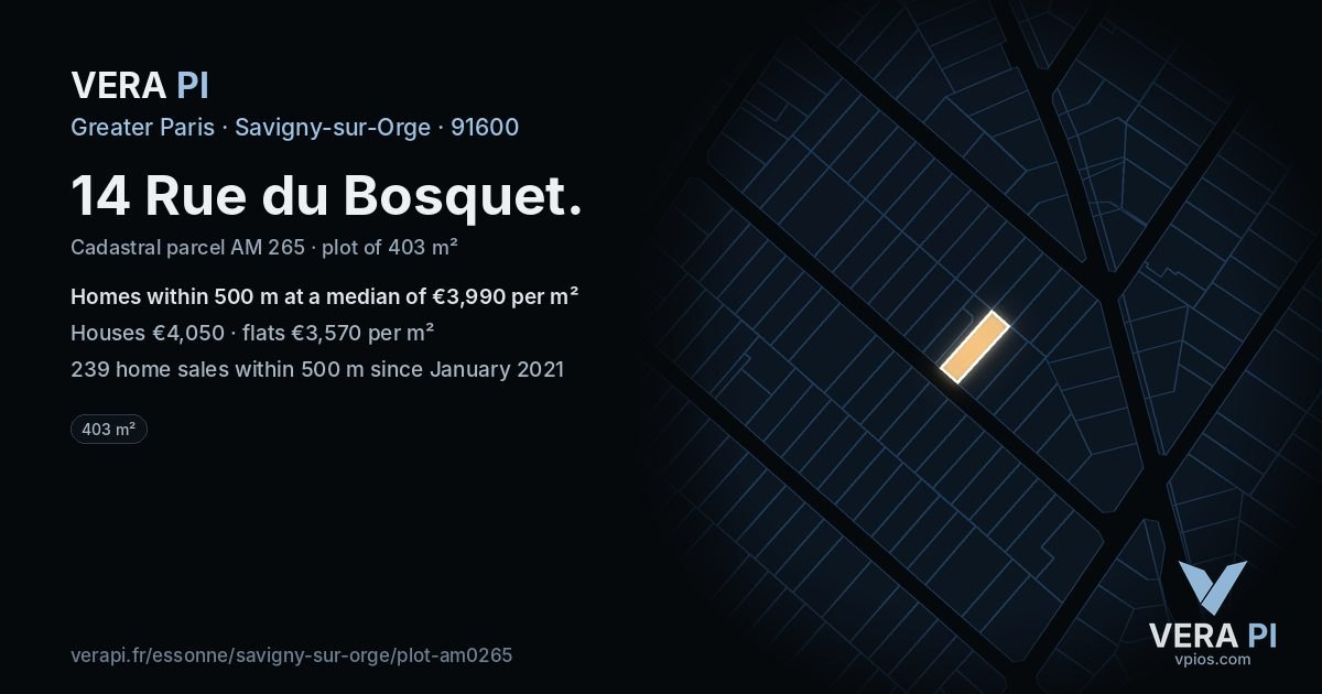 14 Rue du Bosquet, Savigny-sur-Orge at night – the plot lit, the parcels around coloured by the prices near them
