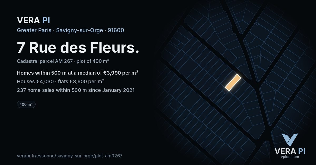 7 Rue des Fleurs, Savigny-sur-Orge at night – the plot lit, the parcels around coloured by the prices near them
