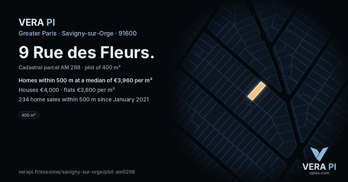 9 Rue des Fleurs, Savigny-sur-Orge at night – the plot lit, the parcels around coloured by the prices near them