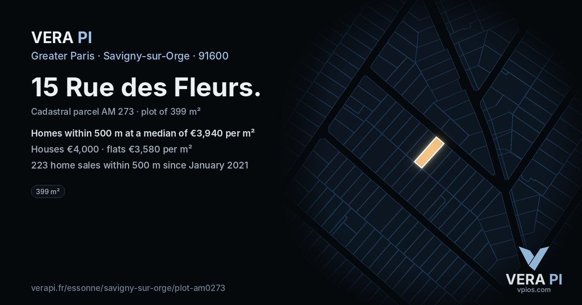 15 Rue des Fleurs, Savigny-sur-Orge at night – the plot lit, the parcels around coloured by the prices near them