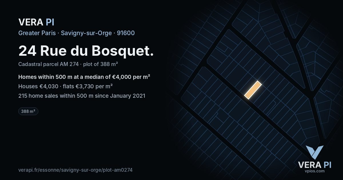 24 Rue du Bosquet, Savigny-sur-Orge at night – the plot lit, the parcels around coloured by the prices near them