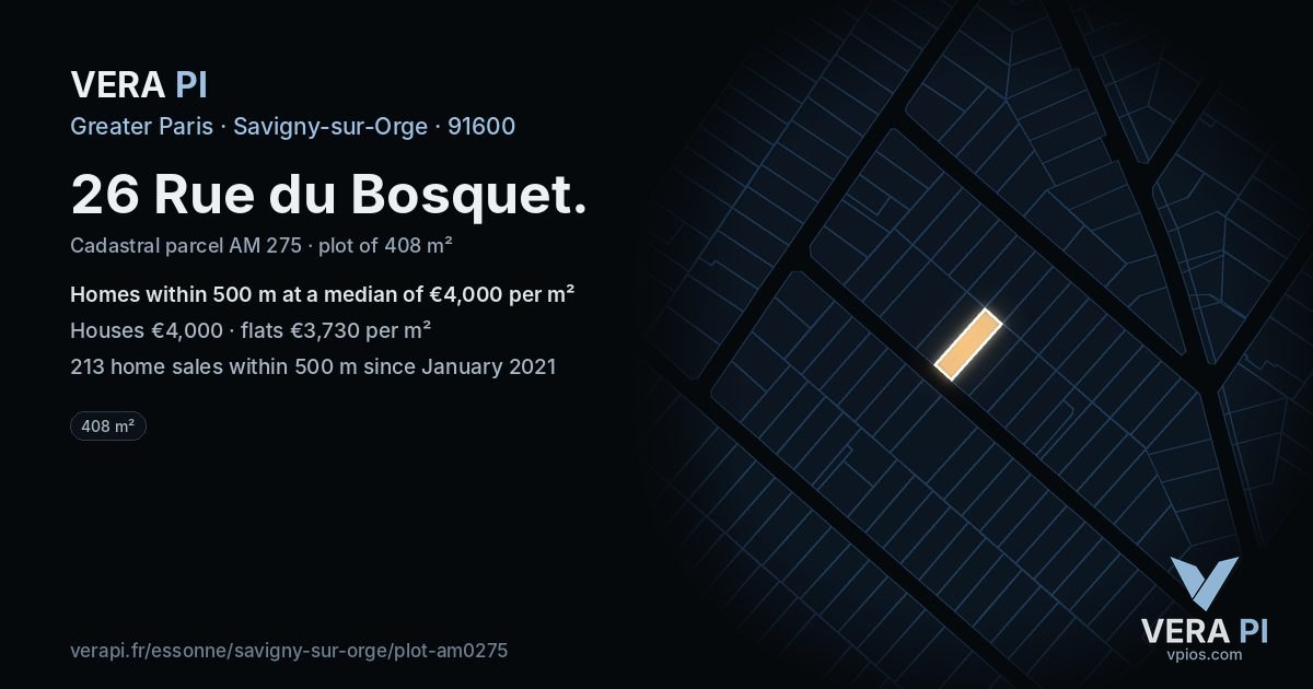 26 Rue du Bosquet, Savigny-sur-Orge at night – the plot lit, the parcels around coloured by the prices near them
