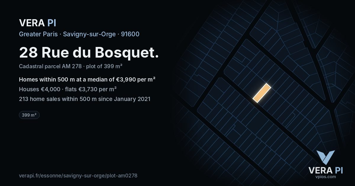 28 Rue du Bosquet, Savigny-sur-Orge at night – the plot lit, the parcels around coloured by the prices near them