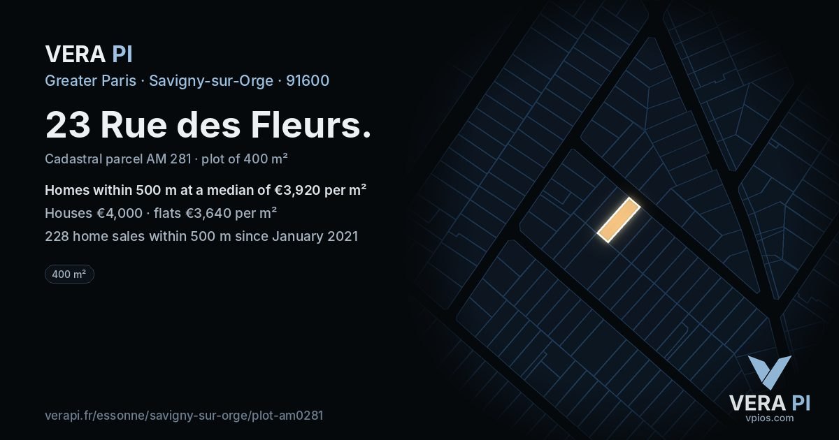 23 Rue des Fleurs, Savigny-sur-Orge at night – the plot lit, the parcels around coloured by the prices near them
