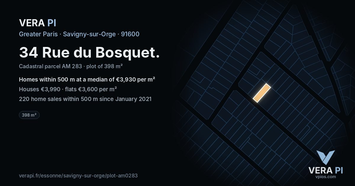 34 Rue du Bosquet, Savigny-sur-Orge at night – the plot lit, the parcels around coloured by the prices near them