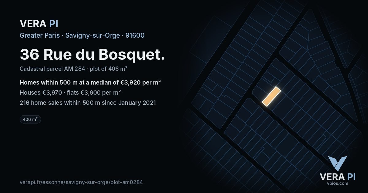 36 Rue du Bosquet, Savigny-sur-Orge at night – the plot lit, the parcels around coloured by the prices near them