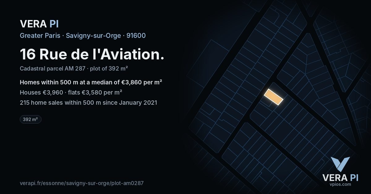 16 Rue de l'Aviation, Savigny-sur-Orge at night – the plot lit, the parcels around coloured by the prices near them