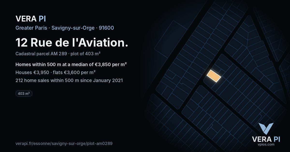 12 Rue de l'Aviation, Savigny-sur-Orge at night – the plot lit, the parcels around coloured by the prices near them