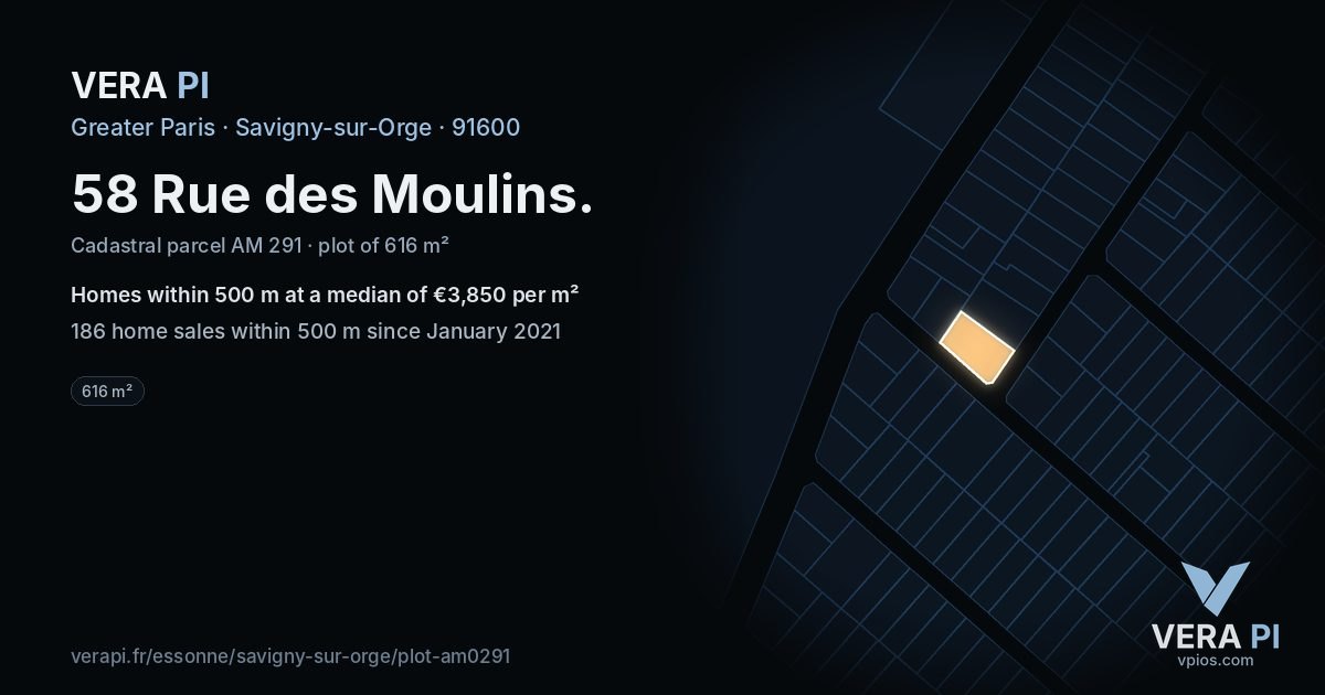 58 Rue des Moulins, Savigny-sur-Orge at night – the plot lit, the parcels around coloured by the prices near them