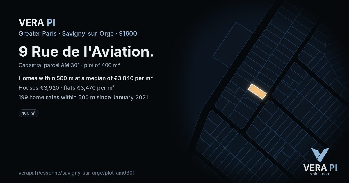 9 Rue de l'Aviation, Savigny-sur-Orge at night – the plot lit, the parcels around coloured by the prices near them