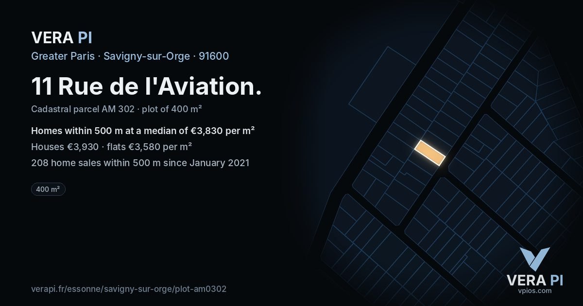 11 Rue de l'Aviation, Savigny-sur-Orge at night – the plot lit, the parcels around coloured by the prices near them