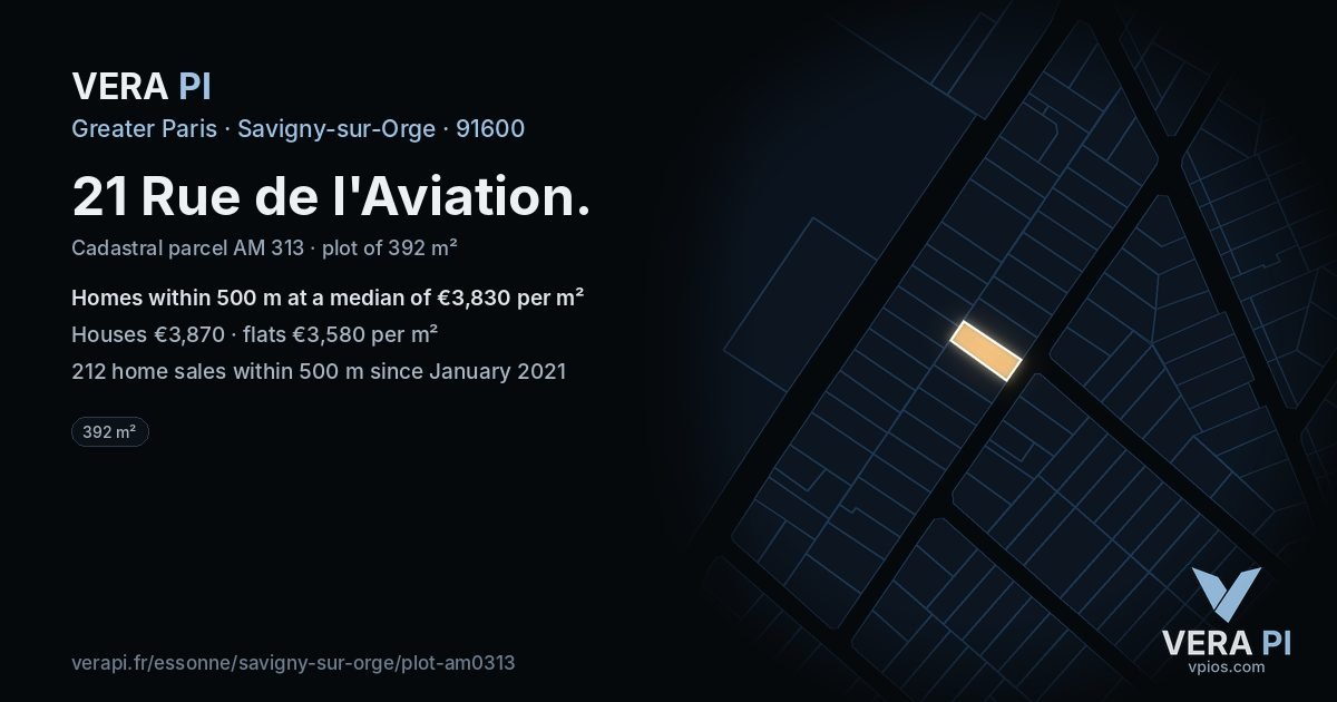 21 Rue de l'Aviation, Savigny-sur-Orge at night – the plot lit, the parcels around coloured by the prices near them