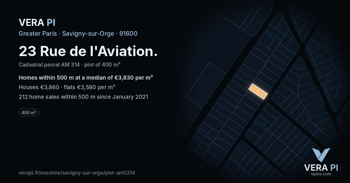 23 Rue de l'Aviation, Savigny-sur-Orge at night – the plot lit, the parcels around coloured by the prices near them
