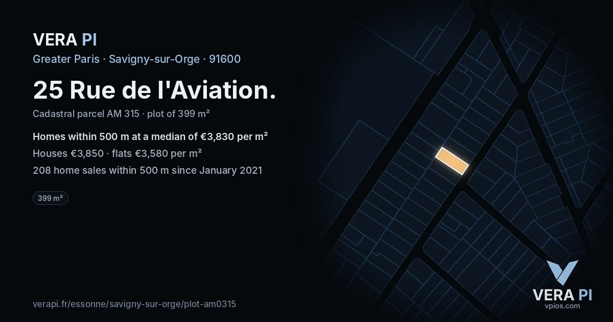 25 Rue de l'Aviation, Savigny-sur-Orge at night – the plot lit, the parcels around coloured by the prices near them