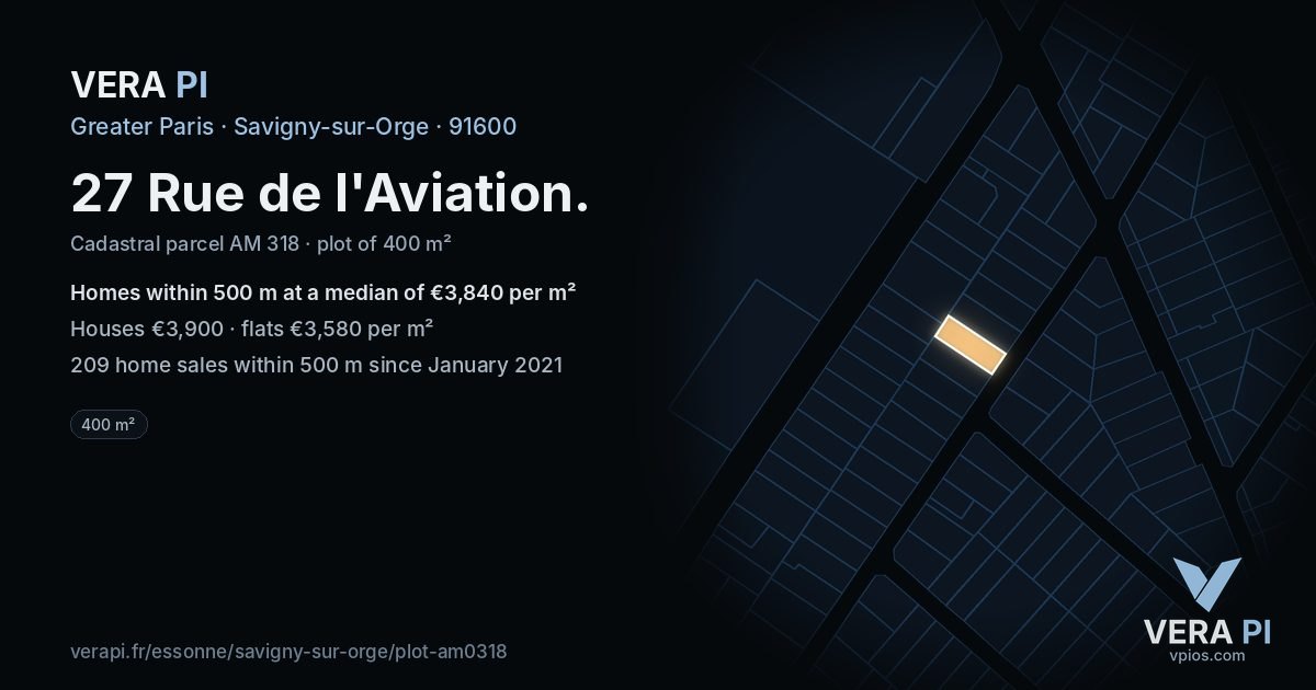 27 Rue de l'Aviation, Savigny-sur-Orge at night – the plot lit, the parcels around coloured by the prices near them