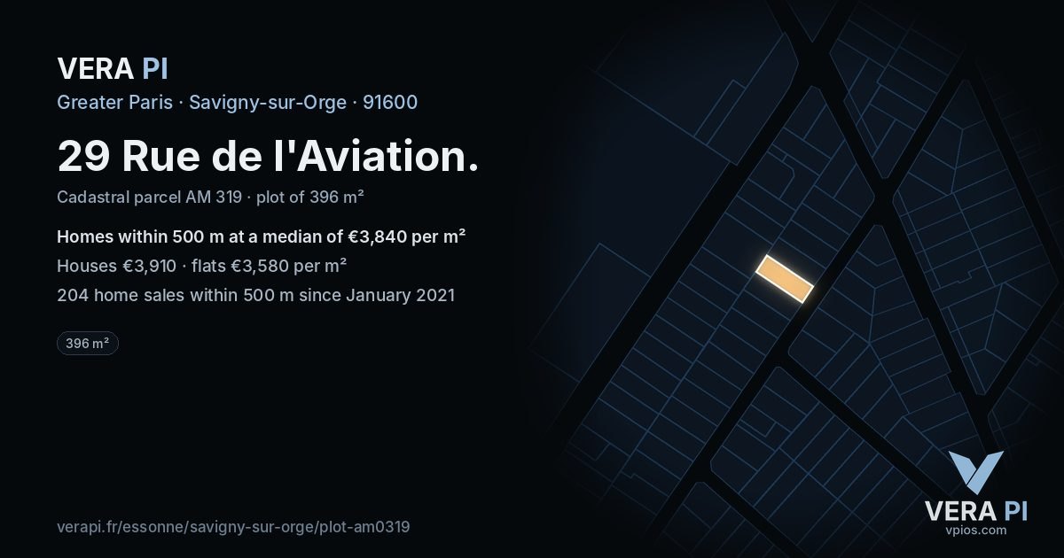 29 Rue de l'Aviation, Savigny-sur-Orge at night – the plot lit, the parcels around coloured by the prices near them