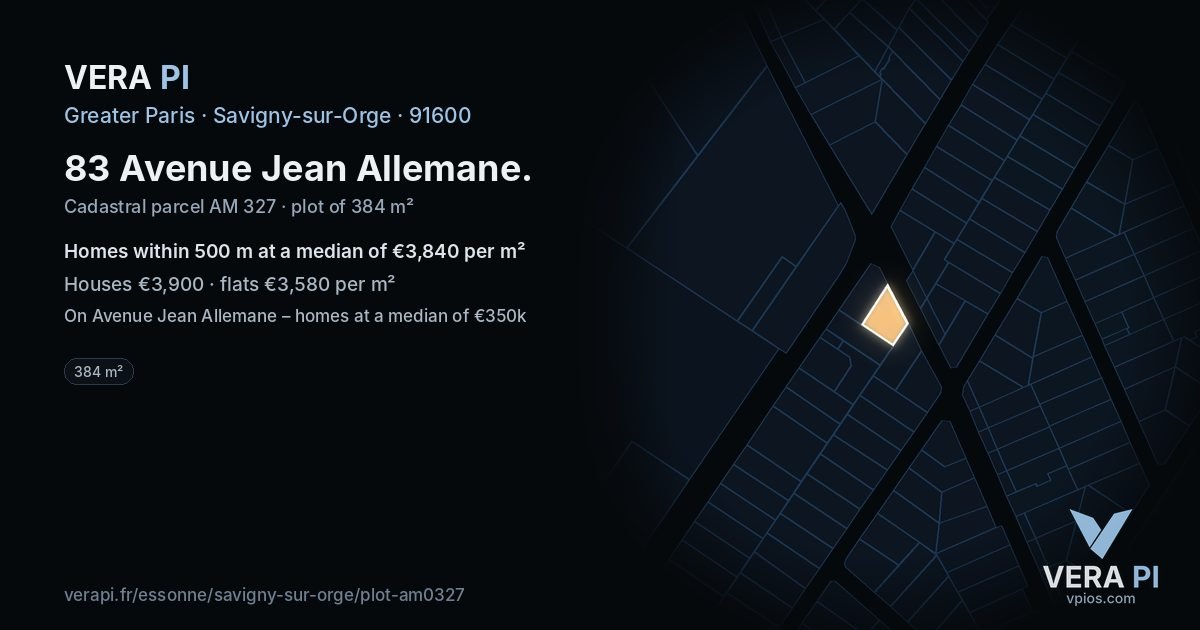 83 Avenue Jean Allemane, Savigny-sur-Orge at night – the plot lit, the parcels around coloured by the prices near them