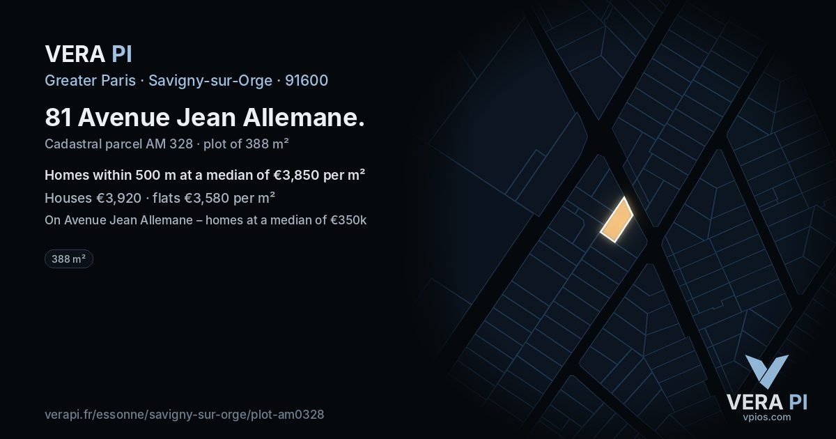 81 Avenue Jean Allemane, Savigny-sur-Orge at night – the plot lit, the parcels around coloured by the prices near them