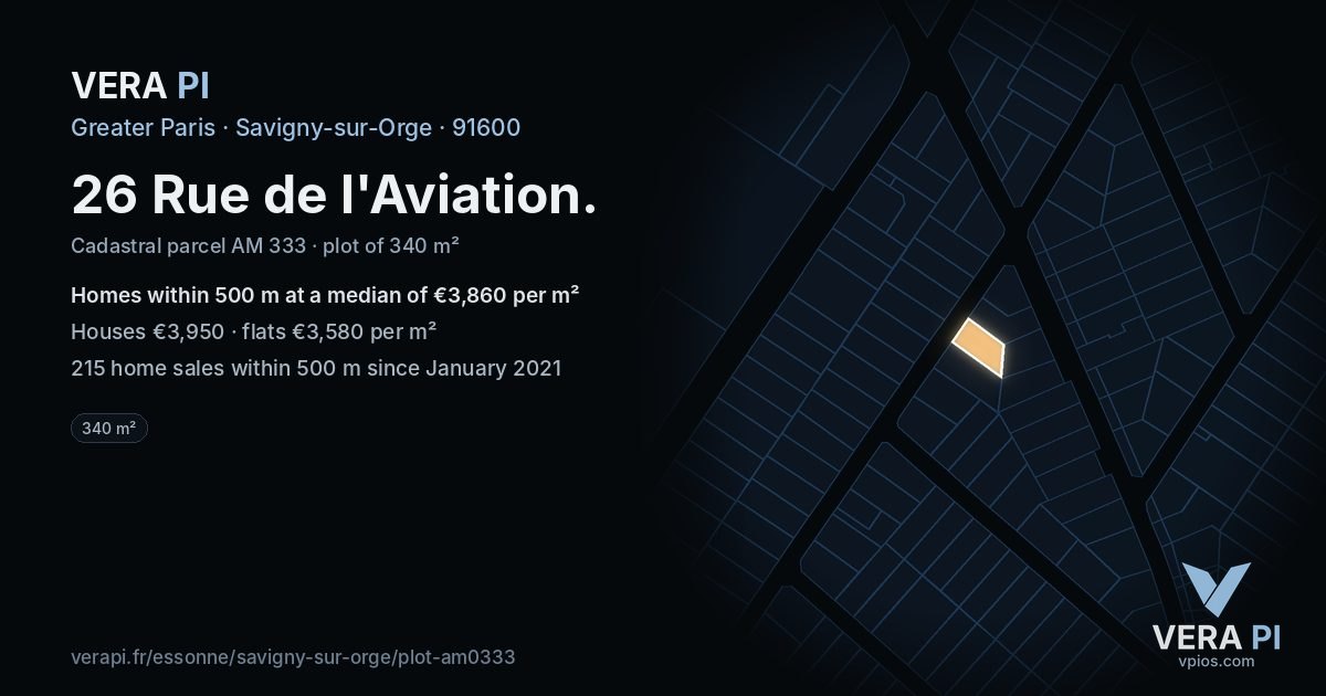 26 Rue de l'Aviation, Savigny-sur-Orge at night – the plot lit, the parcels around coloured by the prices near them