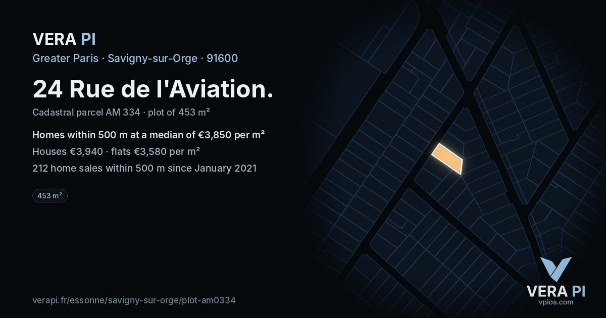 24 Rue de l'Aviation, Savigny-sur-Orge at night – the plot lit, the parcels around coloured by the prices near them