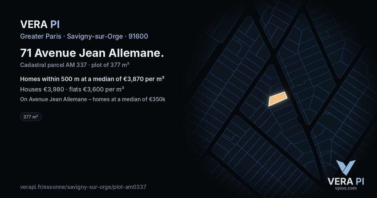 71 Avenue Jean Allemane, Savigny-sur-Orge at night – the plot lit, the parcels around coloured by the prices near them
