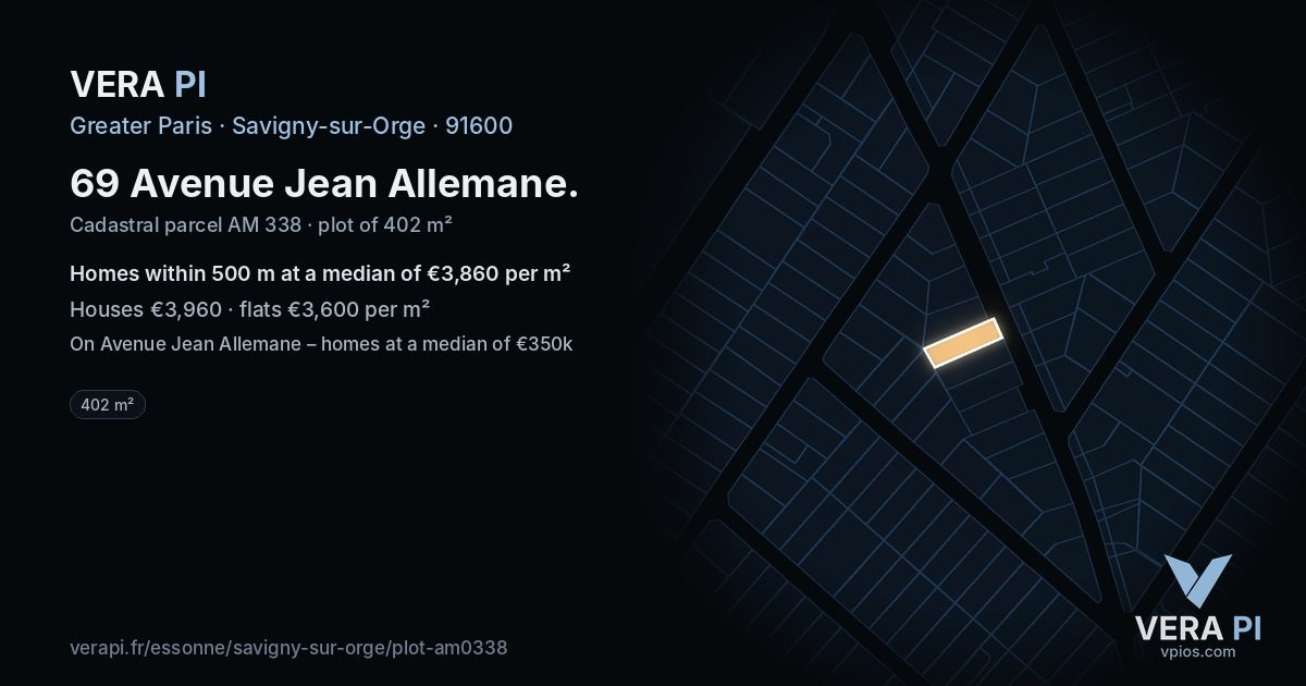 69 Avenue Jean Allemane, Savigny-sur-Orge at night – the plot lit, the parcels around coloured by the prices near them