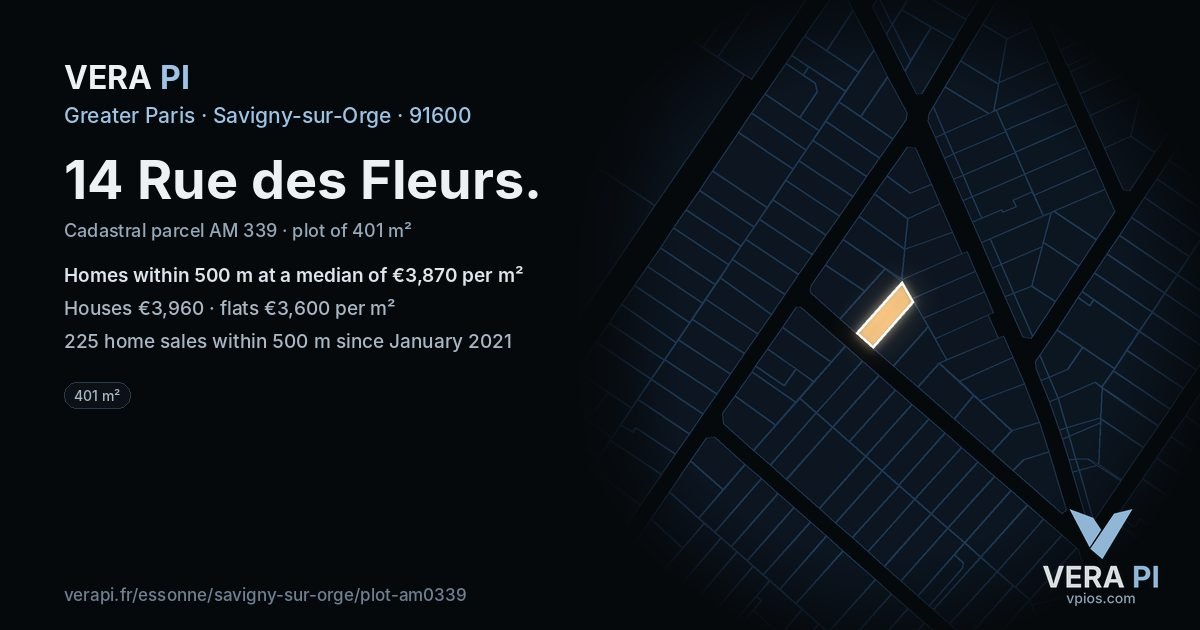 14 Rue des Fleurs, Savigny-sur-Orge at night – the plot lit, the parcels around coloured by the prices near them