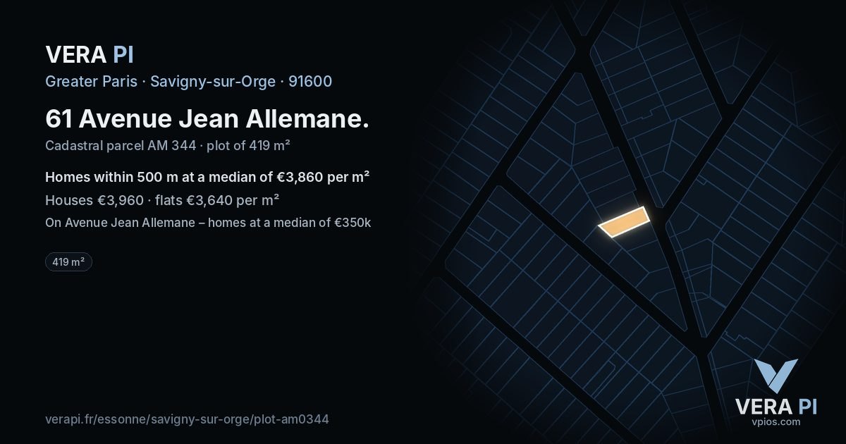 61 Avenue Jean Allemane, Savigny-sur-Orge at night – the plot lit, the parcels around coloured by the prices near them