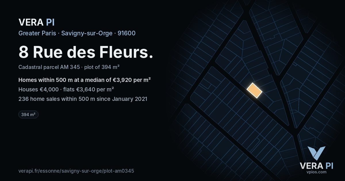 8 Rue des Fleurs, Savigny-sur-Orge at night – the plot lit, the parcels around coloured by the prices near them