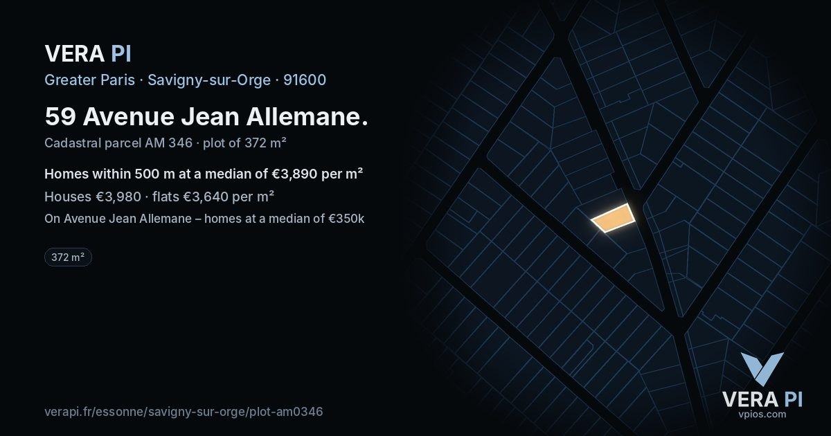 59 Avenue Jean Allemane, Savigny-sur-Orge at night – the plot lit, the parcels around coloured by the prices near them