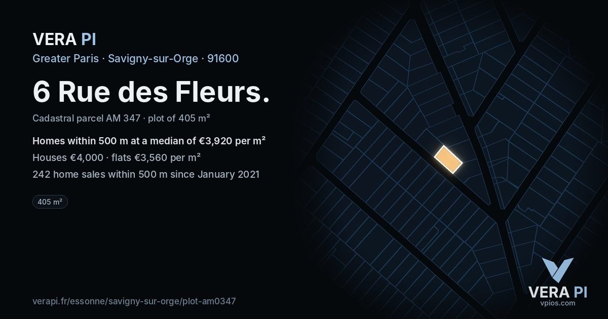 6 Rue des Fleurs, Savigny-sur-Orge at night – the plot lit, the parcels around coloured by the prices near them
