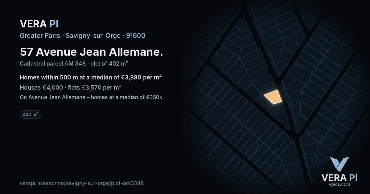 57 Avenue Jean Allemane, Savigny-sur-Orge at night – the plot lit, the parcels around coloured by the prices near them