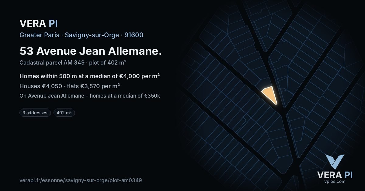 53 Avenue Jean Allemane, Savigny-sur-Orge at night – the plot lit, the parcels around coloured by the prices near them